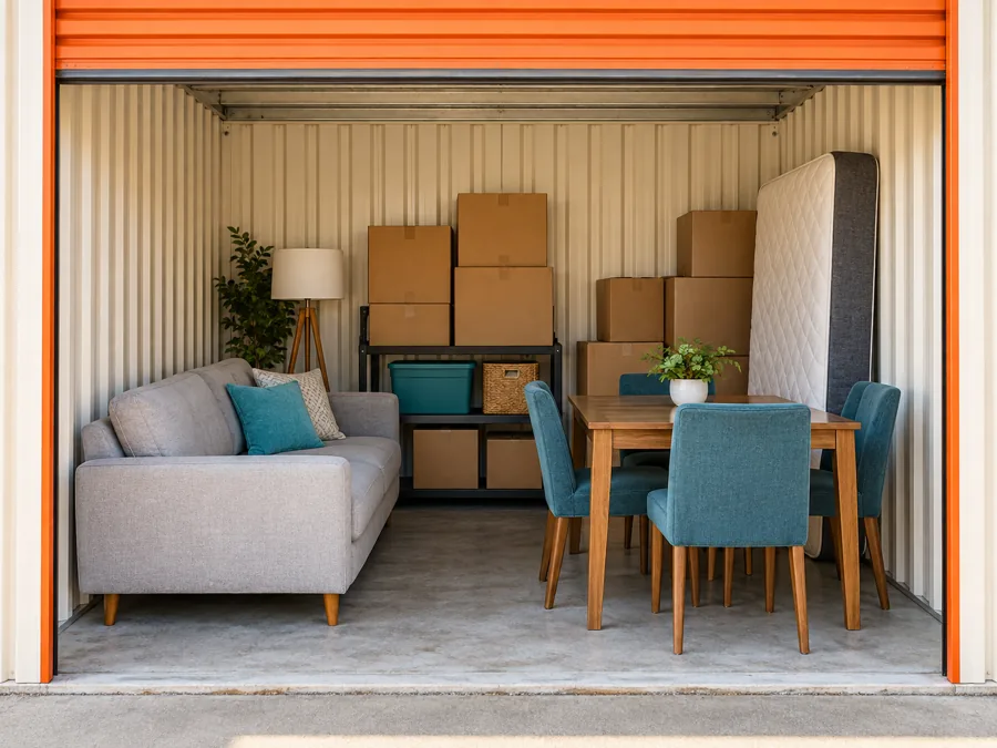 Illustration: Sofa, dining set, mattress and boxes in a storage space