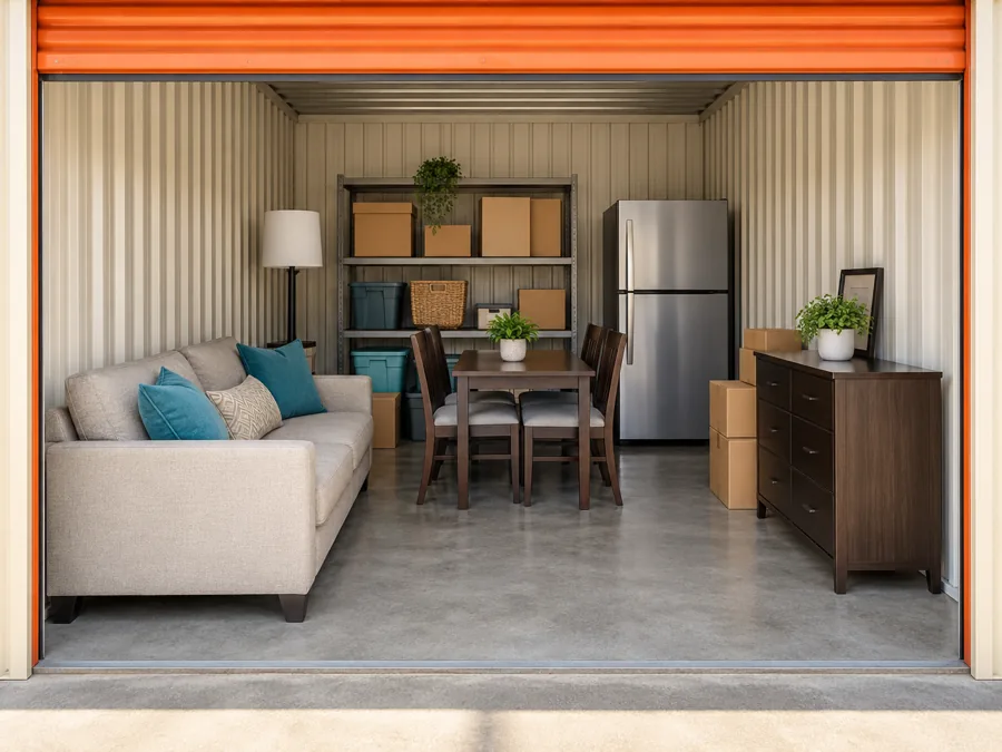 Illustration: Sofa, dining furniture, refrigerator, dresser and boxes in a storage space