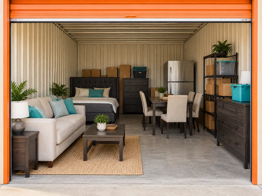 Illustration: Bedroom and living room furniture, appliances and boxes in a larger storage space