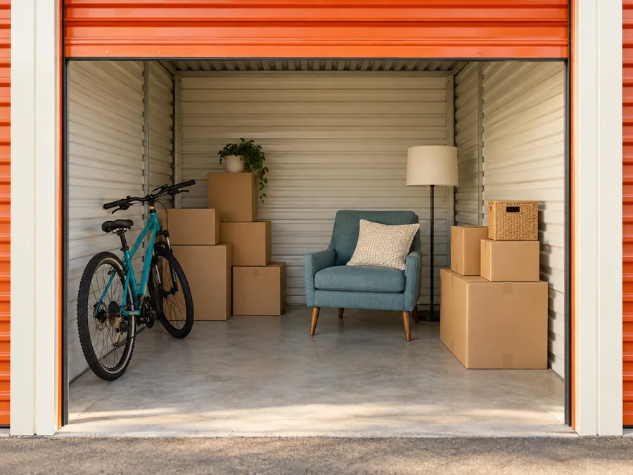 Illustration: Bicycle, armchair, lamp and boxes arranged in a small storage space